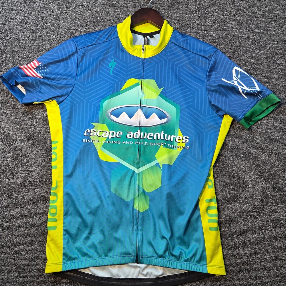 Specialized Cycling Jersey Mens L Escape Adventures Blue Yellow Short Sleeve Zip